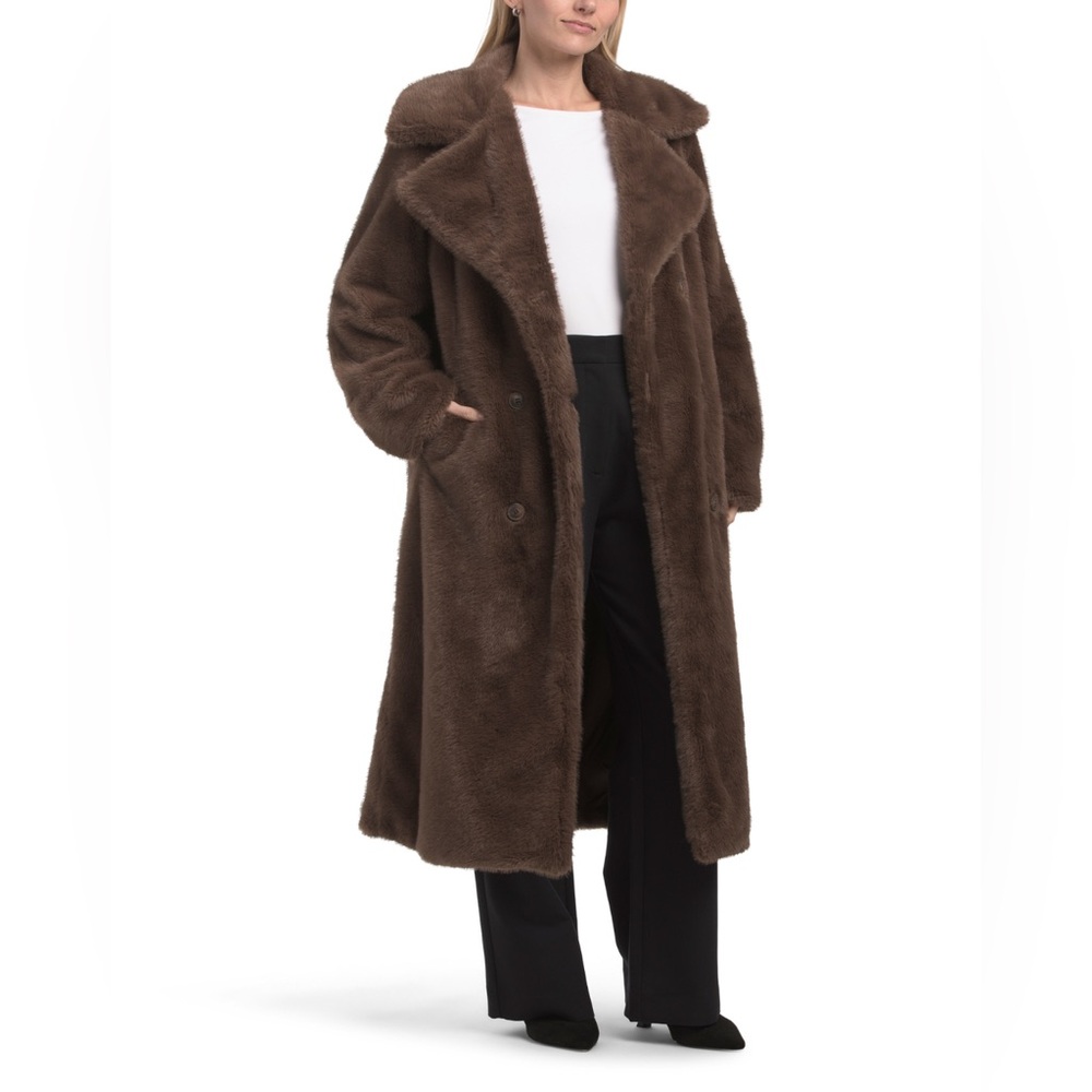 Rebecca Minkoff Long Brown Vegan Faux Fur Coat With Buttons NWT Size Small